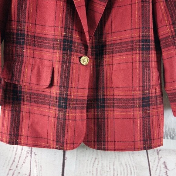 Leslie Fay Sportswear Womens Size 8P Red Plaid 1 Button Suit Blazer Sport Coat - Picture 5 of 12